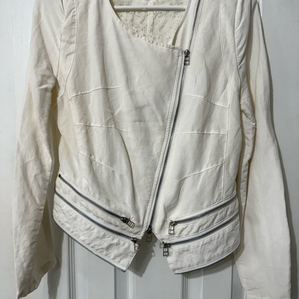 Monoreno Off-White Leather Linen Jacket with Zipper Accents